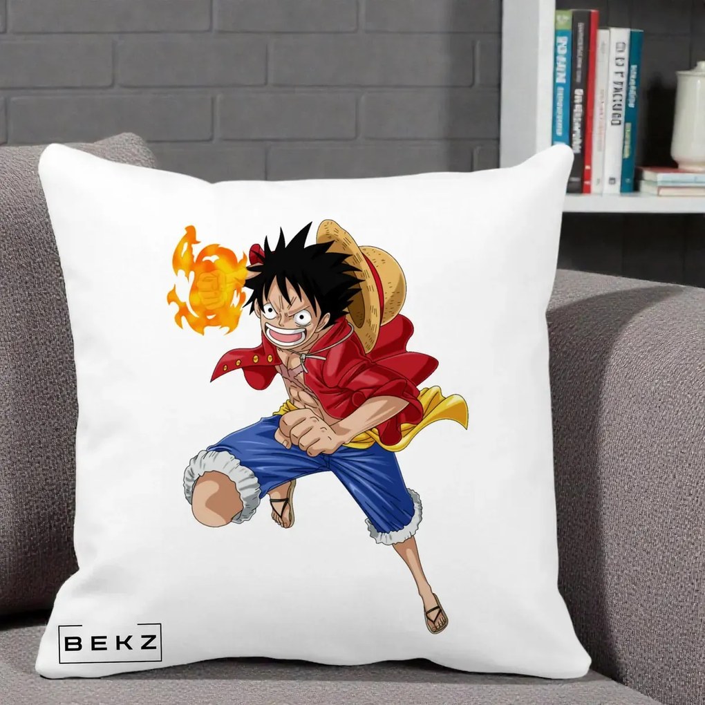 Perna Personalizata One Piece Luffy Gear Second Foc, 40x40 cm, Alba Mata, Husa Detasabila, Perna Inclusa, BEKZ®
