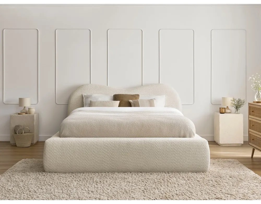 Pat matrimonial bej tapițat cu spațiu de depozitare cu somieră 180x200 cm Orlane – Bobochic Paris
