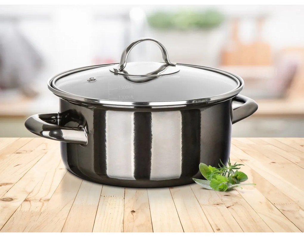 Banquet Oală emailată METALLIC Black 20 cm, 2 l,cu capac, 20 cm