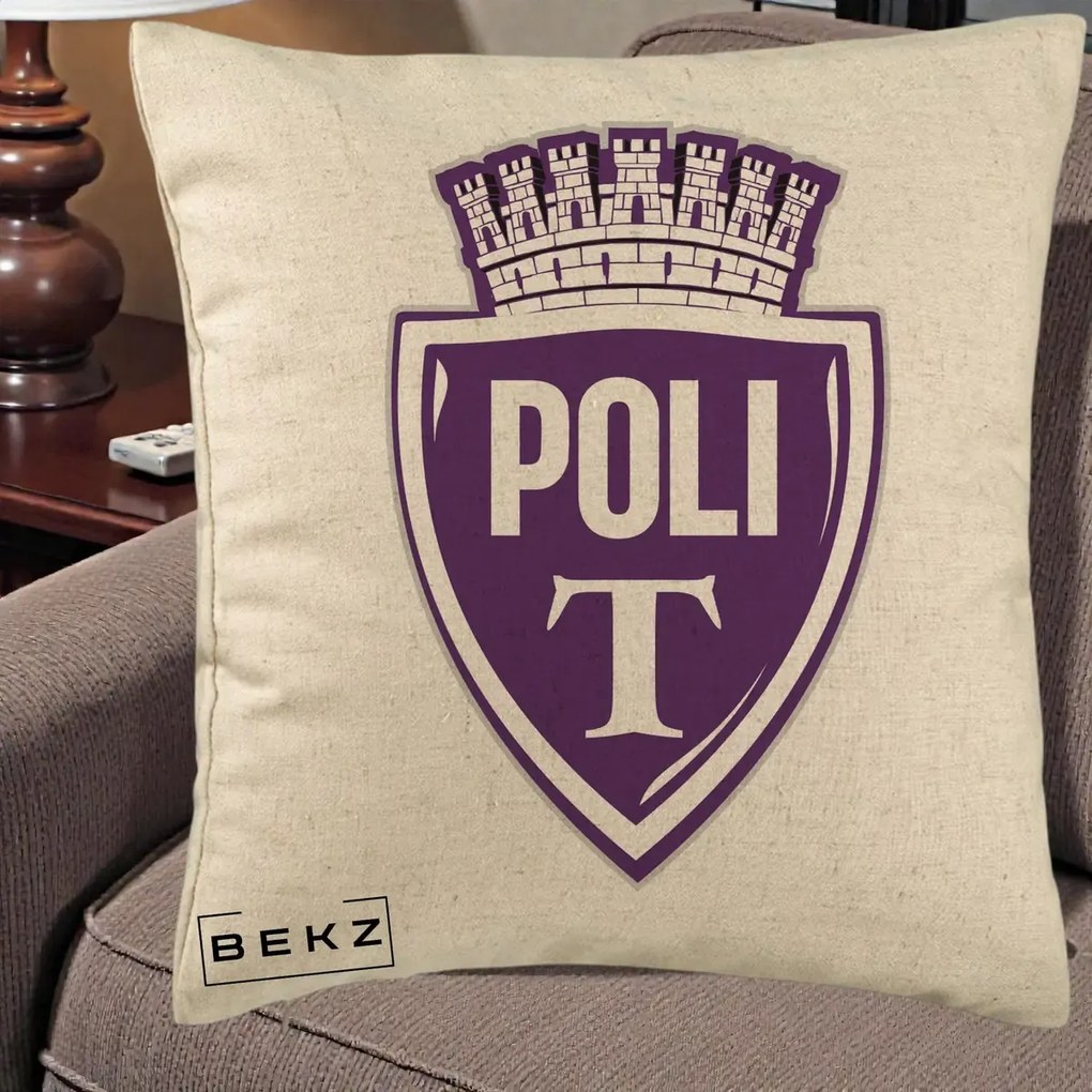 Perna Personalizata Poli Timisoara Fotbal, 40x40 cm, Bej, Husa Detasabila, Perna Inclusa, BEKZ®