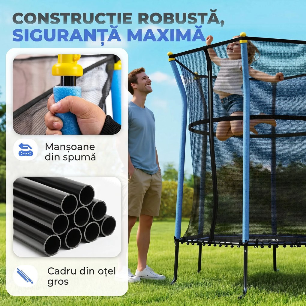 HOMCOM Trambulină Elastică pentru Copii 3-10 Ani cu Intrare cu Fermoar și Țevi Căptușite, Ø163,5x190 cm, Albastru | Aosom Romania