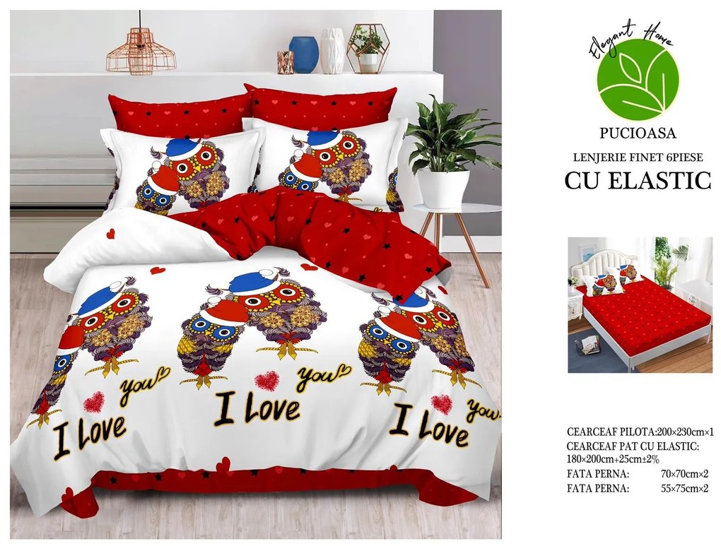 Lenjerie Pat Dublu, Bumbac Finet, 6 Piese, CU ELASTIC - I Love You