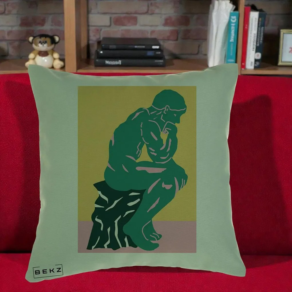Perna Decorativa Ganditorul Sculptura Pop Art, 40x40 cm, Verde, Husa Detasabila, Perna Inclusa, BEKZ®