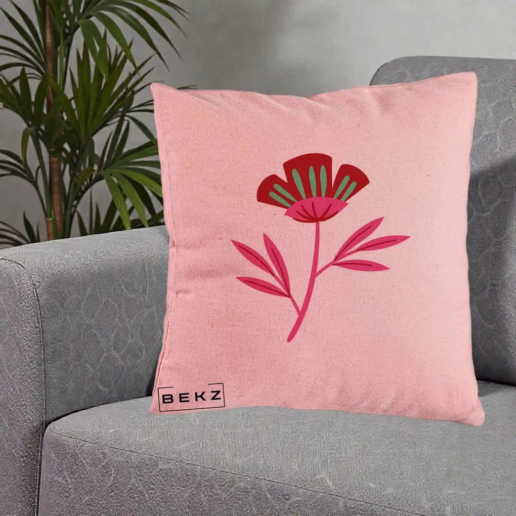 Perna Decorativa Floare Macul Roz-Rosu Grafic, 40x40 cm, Roz, Husa Detasabila, Perna Inclusa, BEKZ®