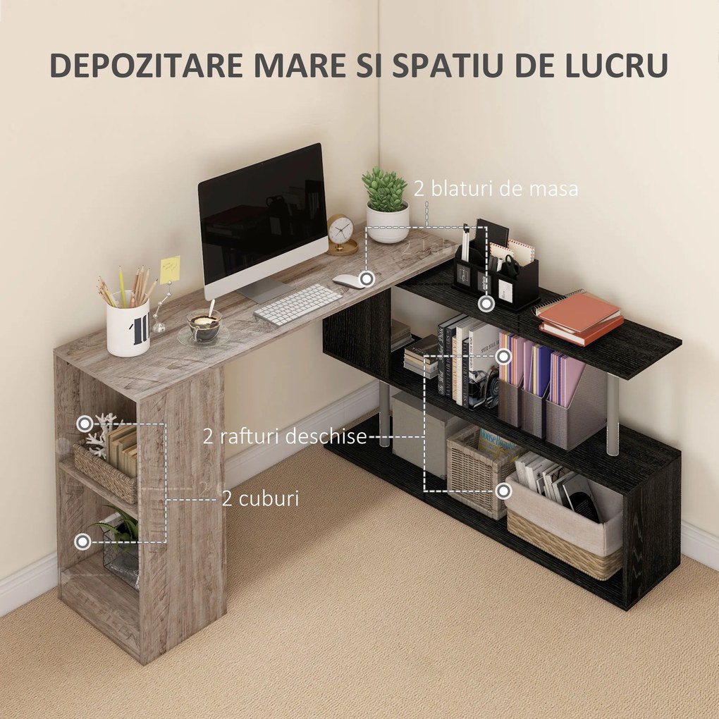 HOMCOM Birou de Colț cu Raft în Formă de S, Birou Modern din Lemn, 140x120x78 cm, Gri | Aosom Romania