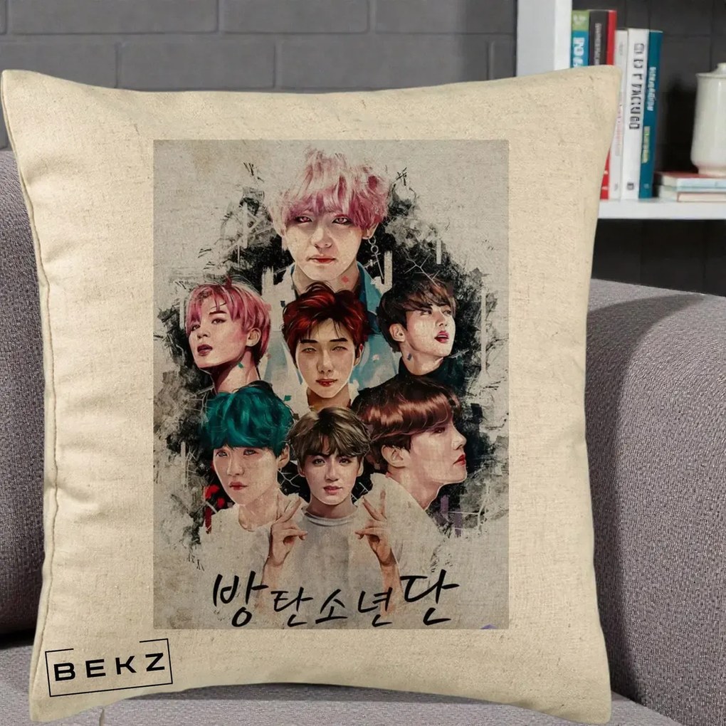 Perna Personalizata K-pop BTS Bangtan Boys Poster Artistic Negru Alb, 40x40 cm, Bej, Husa Detasabila, Perna Inclusa, BEKZ®