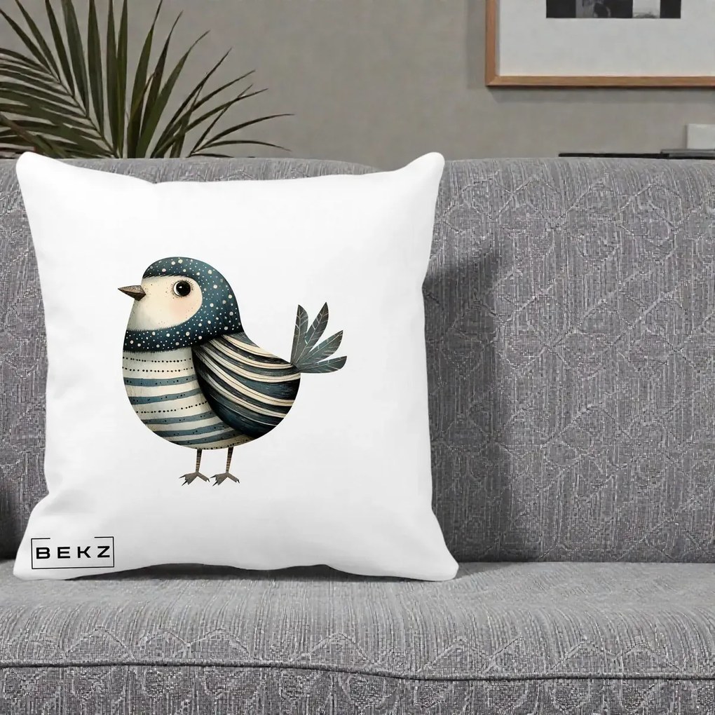 Perna Decorativa Pasare Teal Decorativa Dungata, 40x40 cm, Alba Mata, Husa Detasabila, Perna Inclusa, BEKZ®