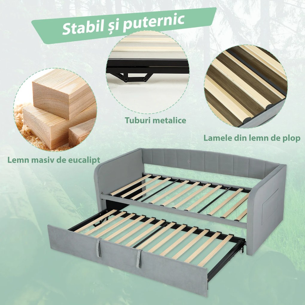 HOMCOM Pat Canapea 90/180x190 cm, Pat Extensibil Convertibil în Pat Dublu, Tapițerie, Cotiere, 2 Buzunare, Lamele din Plop, pentru Living sau Oaspeți, Gri Deschis | Aosom Romania