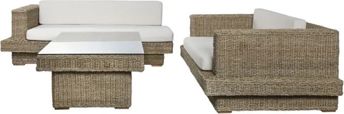 Set lounge exterior din fibre naturale împletite și structura din lemn de tec cu 2 canapele, măsuță de cafea și perne, „Borneo”