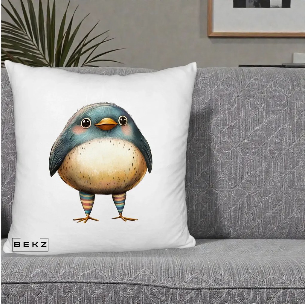 Perna Decorativa Pasare Teal-Bej cu Sosete Curcubeu, 40x40 cm, Alb Pufos, Husa Detasabila, Perna Inclusa, BEKZ®