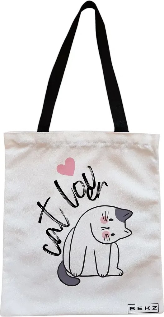 Sacosa de Panza pentru Cumparaturi, Geanta Tote, model Cat Lover, Cu fermoar, 38x34.5 cm, Alba, BEKZ®