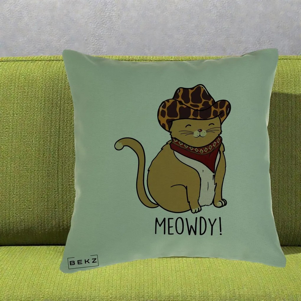 Perna Decorativa Pisica Cowboy Meowdy, 40x40 cm, Verde, Husa Detasabila, Perna Inclusa, BEKZ®