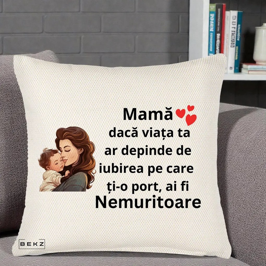 Cadou pentru Mama - Perna Personalizata Mama Nemuritoare cu Bebelus Lineart, 40x40 cm, Crem Reliefat, Husa Detasabila, Perna Inclusa, BEKZ®