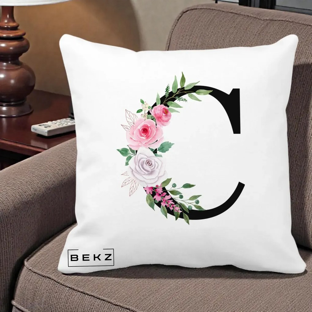 Cadou Personalizat - Perna Personalizata Monograma Florala Litera C, 40x40 cm, Alba Mata, Husa Detasabila, Perna Inclusa, BEKZ®