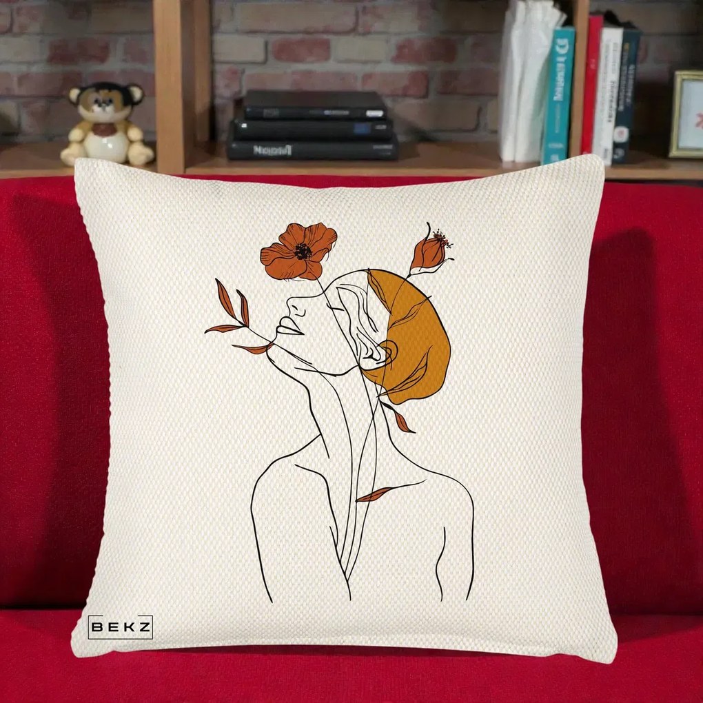 Perna Decorativa Portret Feminin Mac Privire Inalta, 40x40 cm, Crem Reliefat, Husa Detasabila, Perna Inclusa, BEKZ®