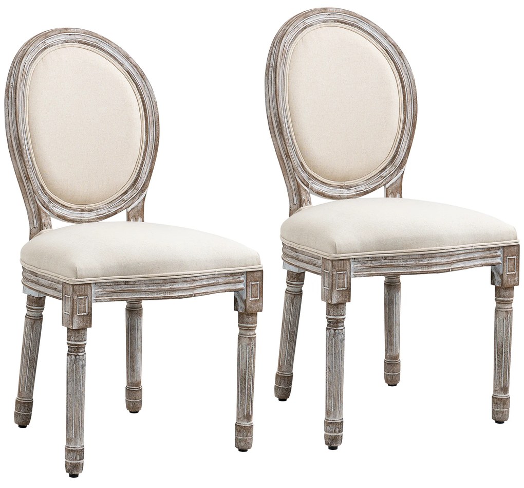 HOMCOM Set de 2 Scaune Vintage Fără Brațe, Scaune în Stil Franțuzesc cu Spătar Curbat și Tapițerie din In, 51x55x96 cm, Alb Crem | Aosom Romania