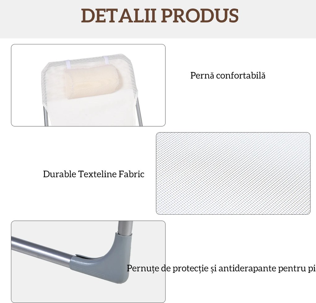Outsunny Șezlong Pliabil cu Spătar Reglabil pe 5 Nivele și Pernă, Șezlong de Grădină cu Material Texteline, pentru Plajă, Piscină, Grădină, 182x56x28 cm, Crem | Aosom Romania