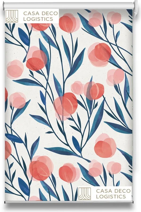 Roletă textilă Floral 8006 albă cu model floral roșu și frunze albastre