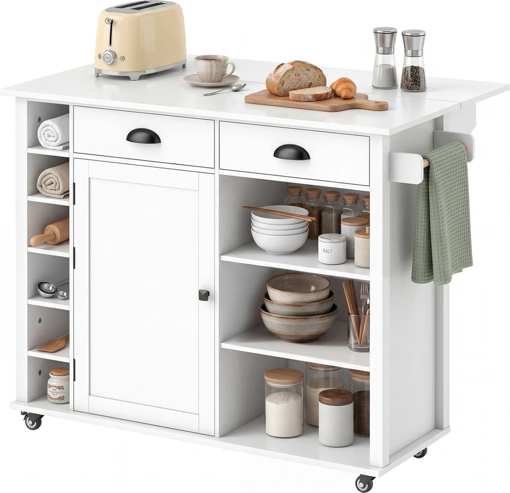 HOMCOM Insulă de Bucătărie cu Roți Blat Rabatabil Suport Condimente Suport Prosoape Dulap 2 Sertare 117,5x70x91 cm Alb | Aosom Romania
