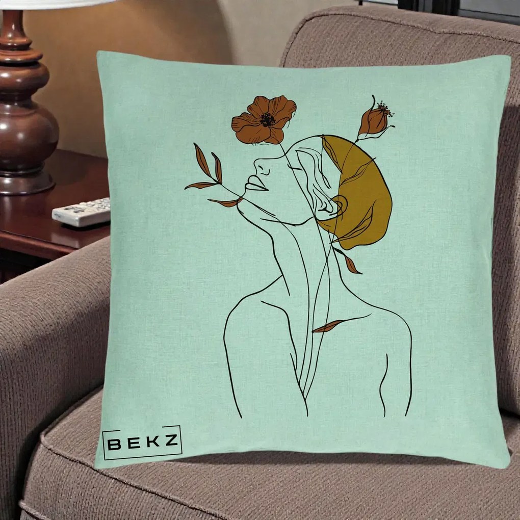 Perna Decorativa Portret Feminin Mac Privire Inalta, 40x40 cm, Verde Menta, Husa Detasabila, Perna Inclusa, BEKZ®