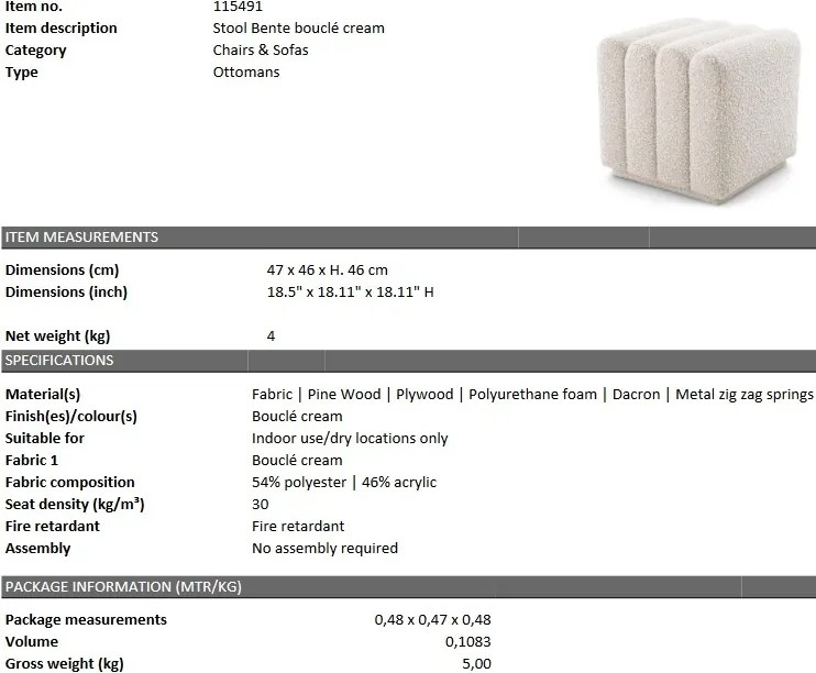 Taburete design LUX Bente, boucle crem 115491 HZ