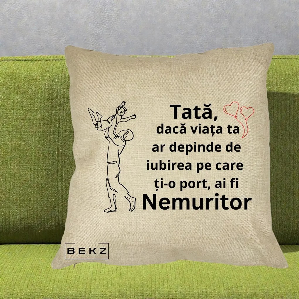 Cadou pentru Tata - Perna Personalizata Tata Nemuritor Joaca in Aer, 40x40 cm, Crem, Husa Detasabila, Perna Inclusa, BEKZ®