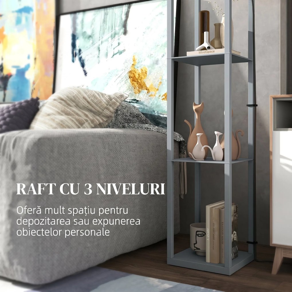 HOMCOM Lampadar Podea 2 în 1, 3 Rafturi, Economisire Spațiu, Soclu E27, 26x26x160 cm, Gri Deschis | Aosom Romania