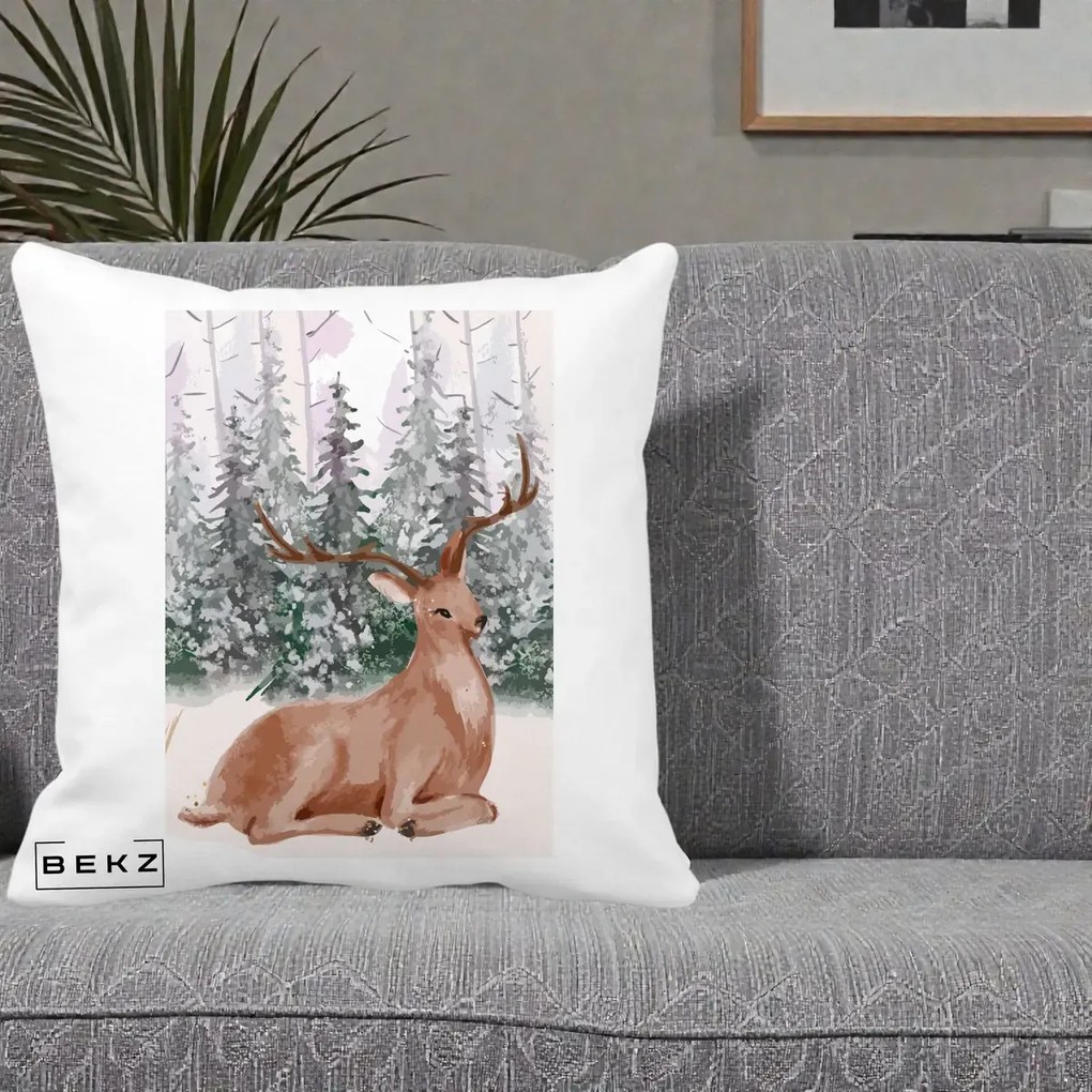 Perna Decorativa Ren in Padure Roz Moale, 40x40 cm, Alba Mata, Husa Detasabila, Perna Inclusa, BEKZ®