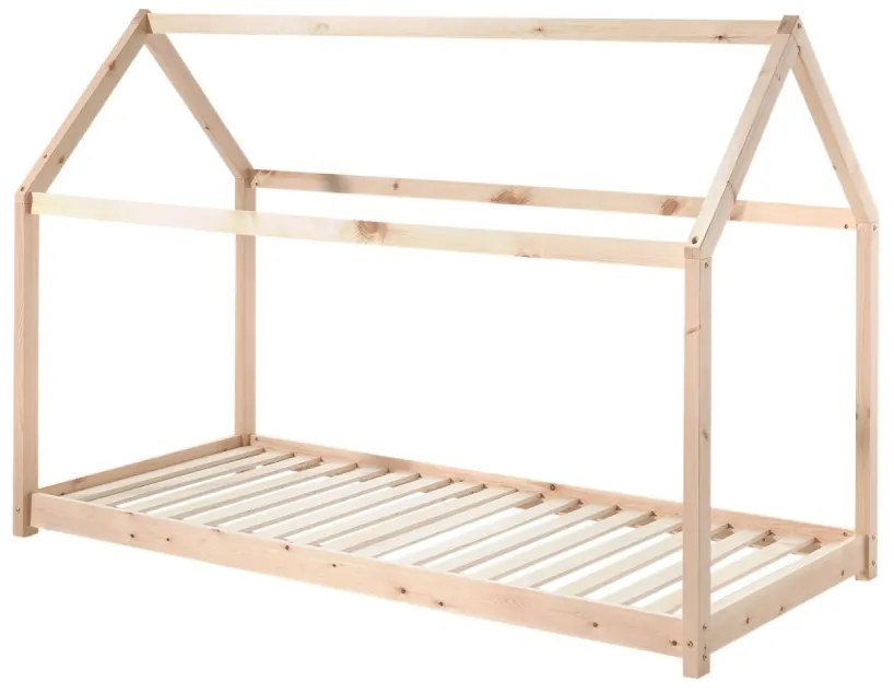 Set CABANE în culoare culoare lemn natural format dintr-un Pat copii Vipack (90 x 200 cm) și o SALTEA PAT COPII Basic Cool (90 x 200 x 10 cm).