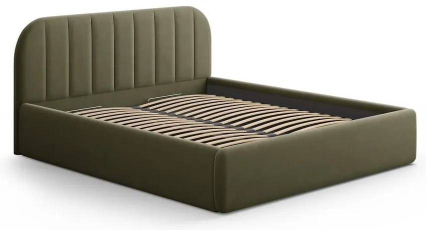Pat matrimonial verde tapițat cu spațiu de depozitare cu somieră 160x200 cm Juno – Windsor & Co Sofas