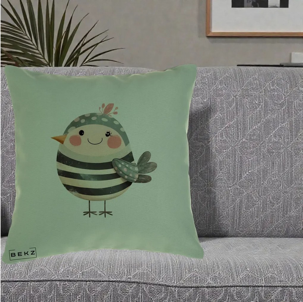 Perna Decorativa Pui Kawaii Teal cu Flori, 40x40 cm, Verde, Husa Detasabila, Perna Inclusa, BEKZ®