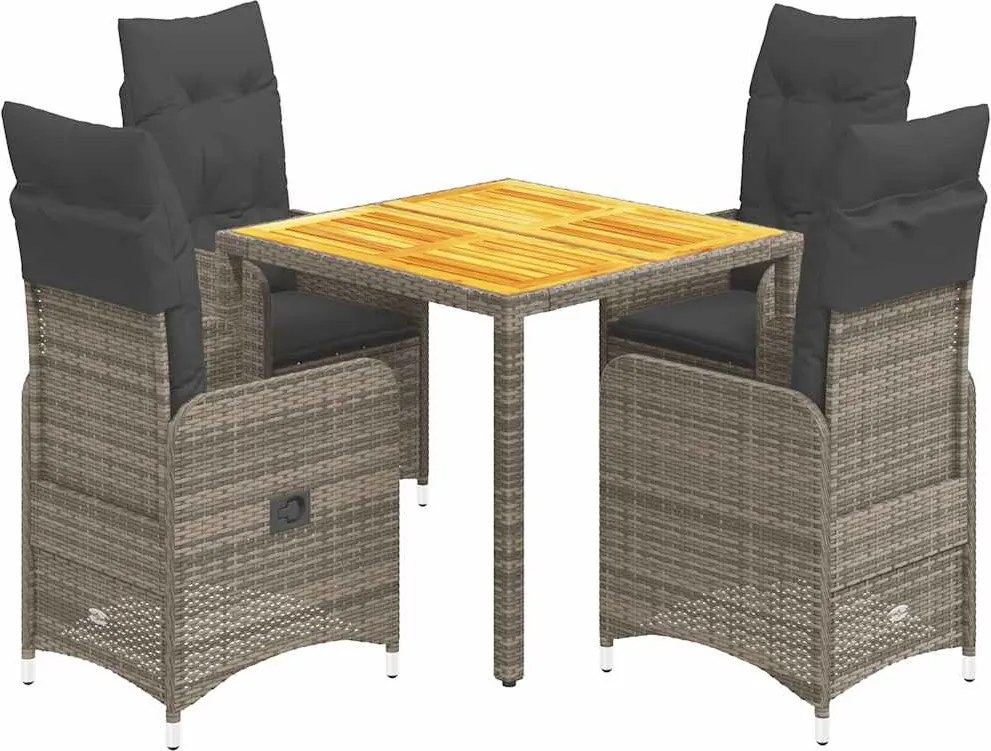 vidaXL Set bistro de grădină cu perne, 5 piese, gri, poliratan