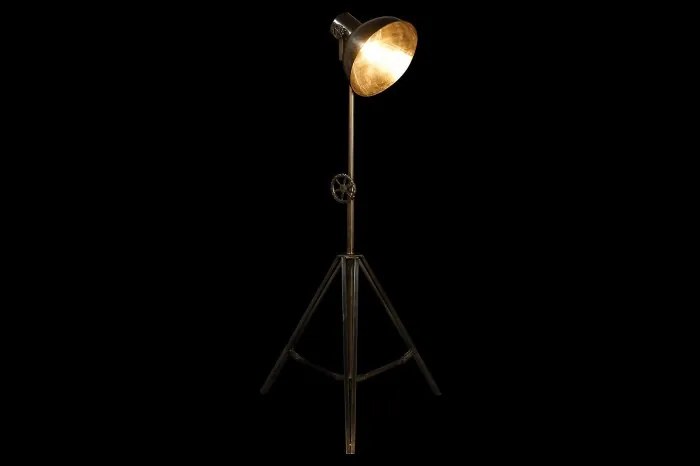 Lampă de podea industrială din metal, trepied reglabil, abajur tip reflector, finisaj argintiu antichizat, 74 x 61 x 182 cm, „Flashlight"