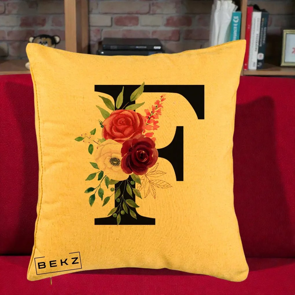 Cadou Personalizat - Perna Personalizata Monograma Florala Litera F, 40x40 cm, Galben, Husa Detasabila, Perna Inclusa, BEKZ®