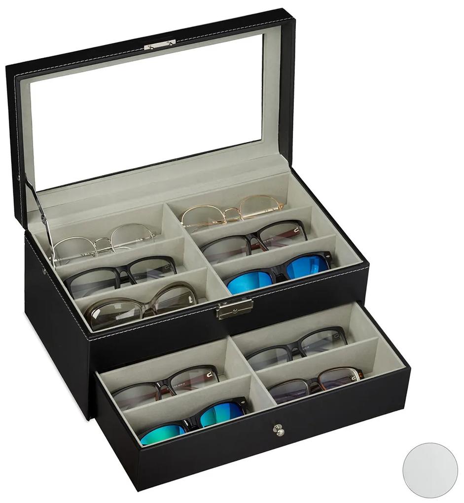 Cutie pentru ochelari 12 compartimente captusite cu catifea Capac sticla transparent  Piele ecologica Negru