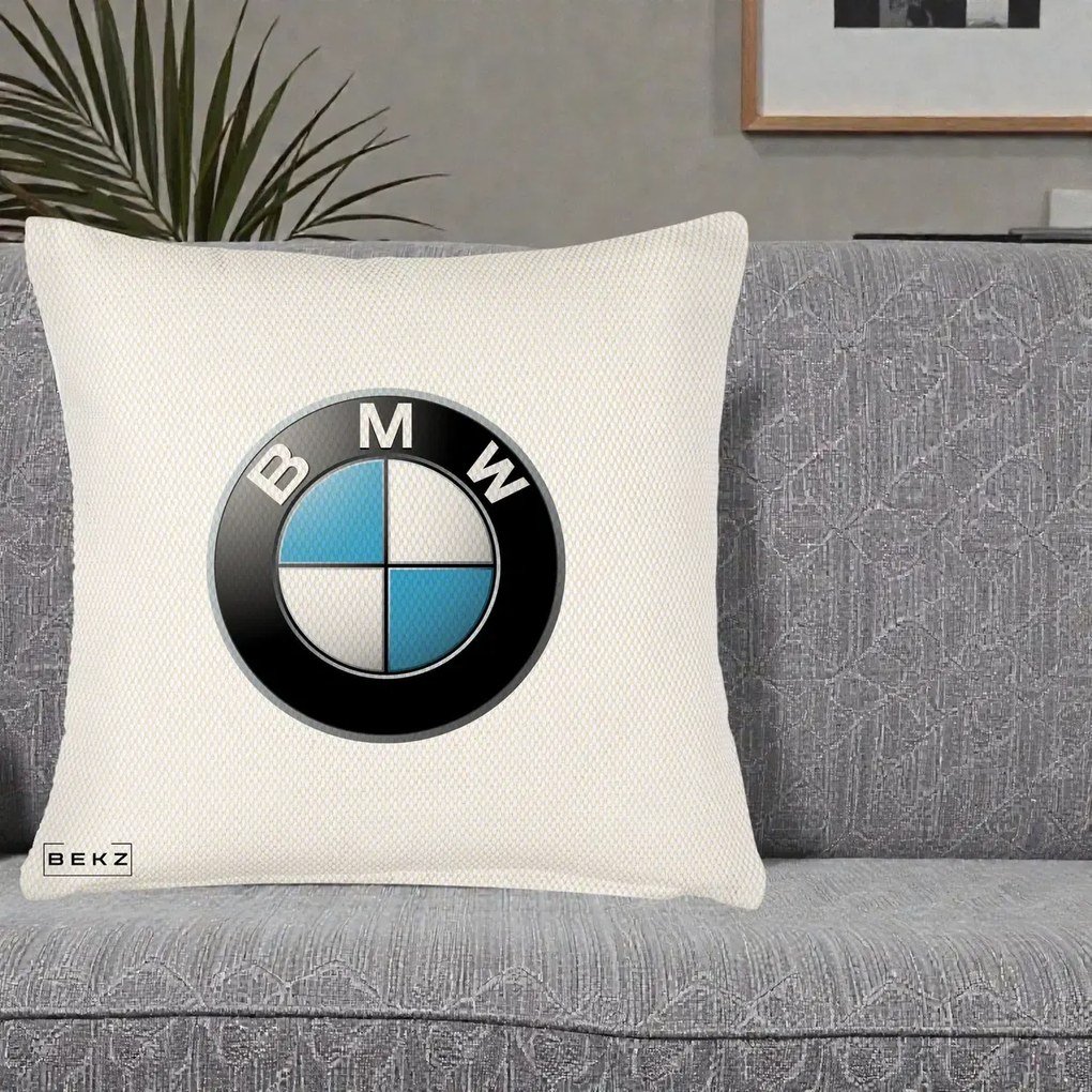 Perna Personalizata cu emblema BMW, 40x40 cm, Crem Reliefat, Husa Detasabila, Perna Inclusa, BEKZ®