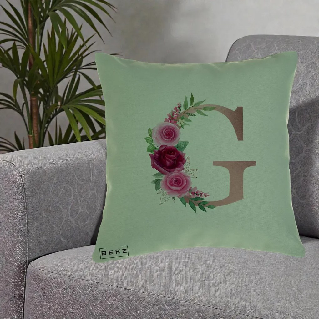 Cadou Personalizat - Perna Personalizata Monograma Rose Gold Litera G, 40x40 cm, Verde, Husa Detasabila, Perna Inclusa, BEKZ®