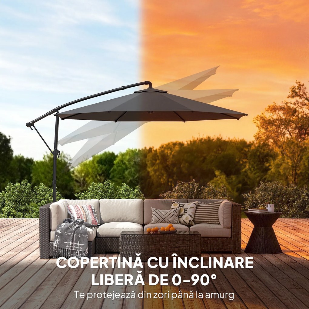 Outsunny Umbrelă de Grădină Suspendată 3 m cu Husă, Umbrelă Rotundă Inclinabilă cu Rotație 360°, Manivelă, Banana, Negru | Aosom Romania