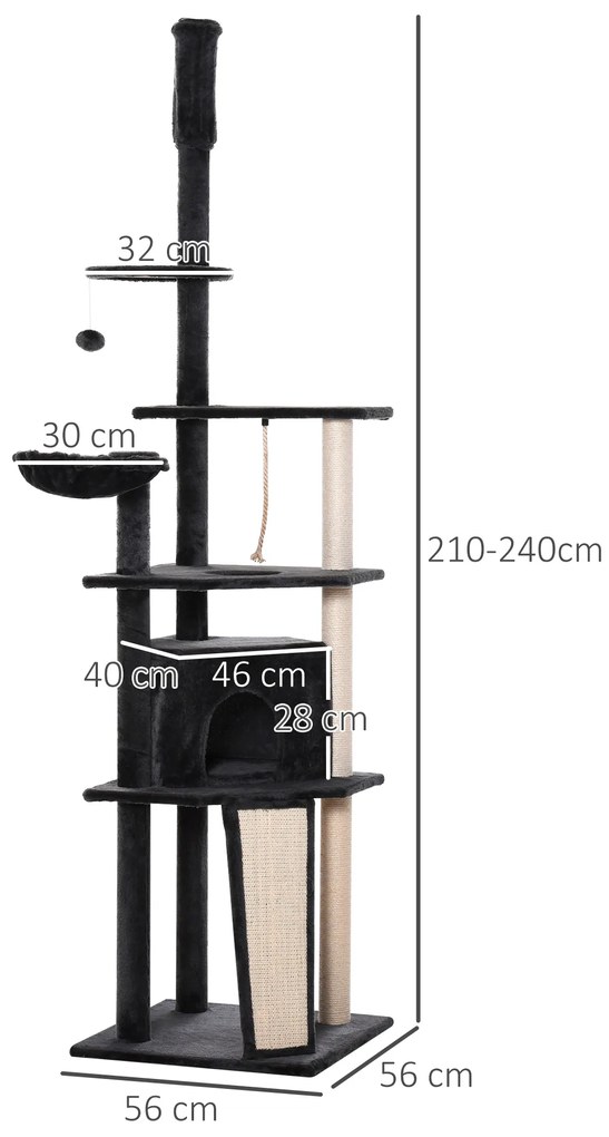 PawHut Stalp de sgariat pentru Pisici pe mai multe niveluri Inalt 210-240cm cu Cusca si Hamac