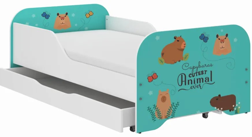 Pat complet pentru copii 140 x 70 cm cu saltea și somieră cu lamele - KAPIBARA ANIMALS