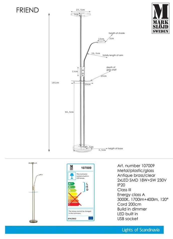 Lampadar cu LED Markslöjd Friend Uplight, alămiu