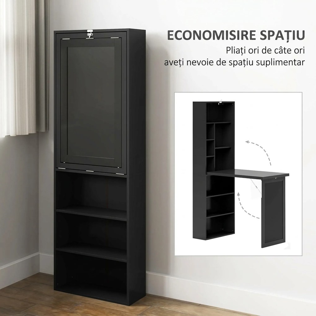 HOMCOM Birou Modern Pliabil cu Bibliotecă și Tablă, din Lemn și Metal, 98x51x153 cm, Negru | Aosom Romania