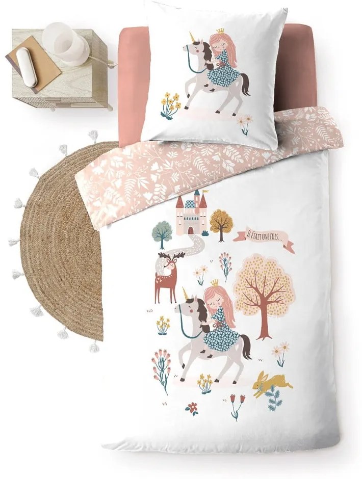 Lenjerie de pat pentru copii albă-roz din bumbac pentru pat de o persoană 140x200 cm Lilibelle – douceur d'intérieur