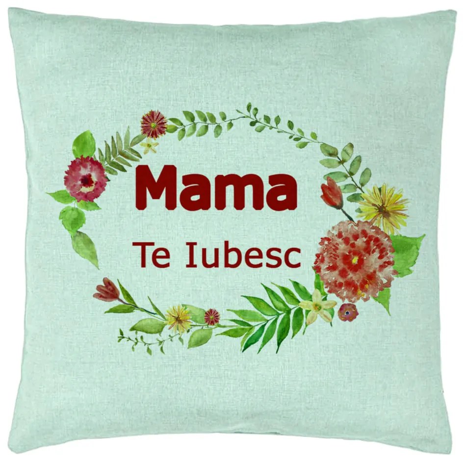 Perna Decorativa, Model Pentru Mama Te iubesc 2, 40x40 cm, Verde Menta, Husa Detasabila, Burduf