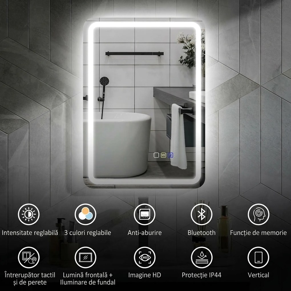 HOMCOM Oglindă de Baie Bluetooth LED 50 x 70 cm cu Anticeață - Argintiu | Aosom Romania