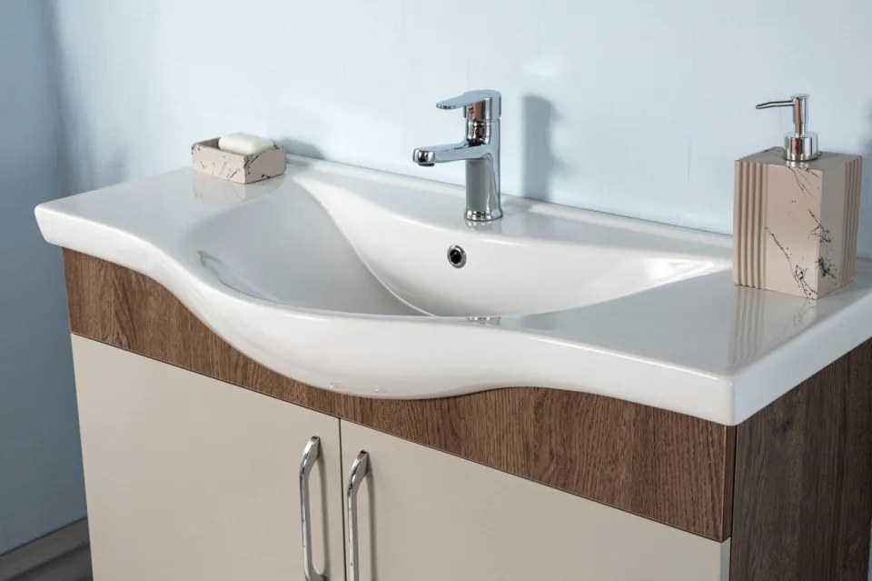 Set Mobilier Baie Sokotra 100, Include Baza Lavoar, Lavoar și Oglinda, 100 cm, Crem