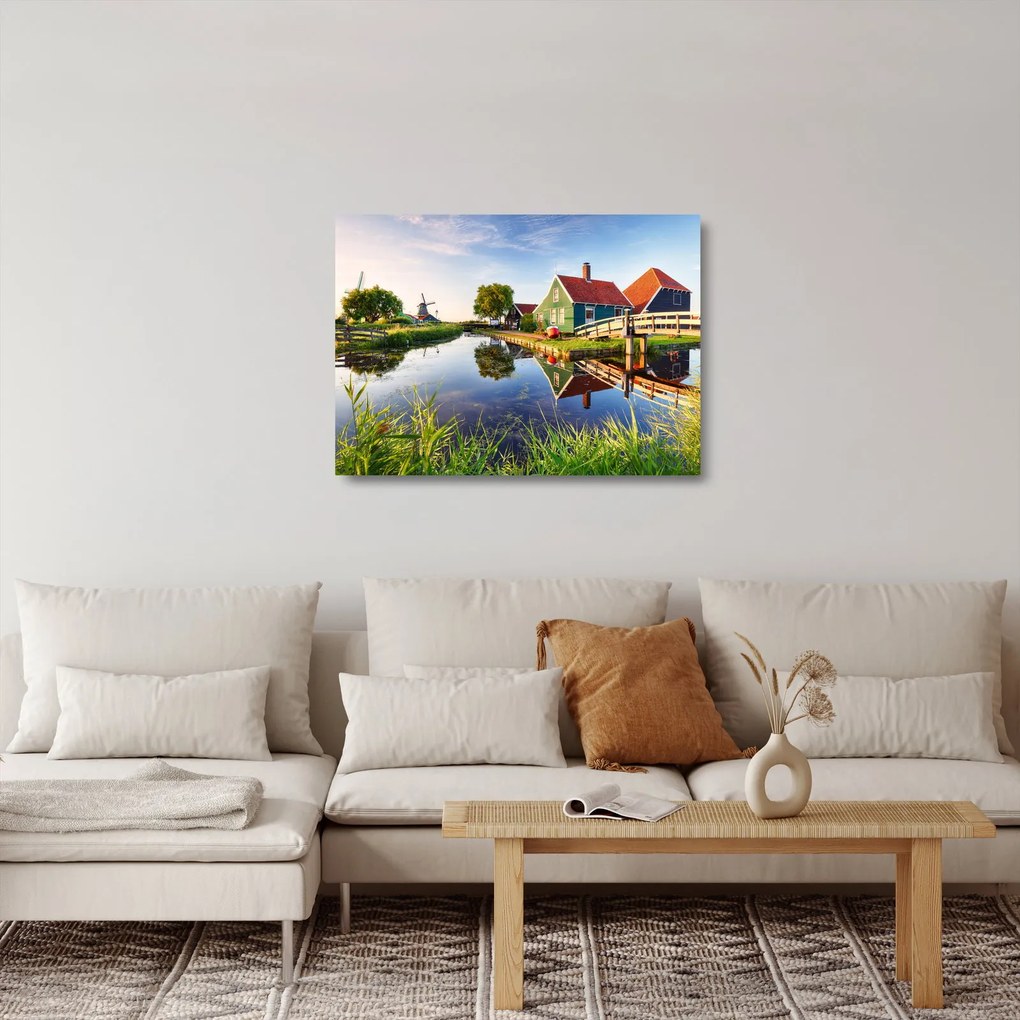 Tablou pe sticlă cu mori din Olanda (70x50 cm)