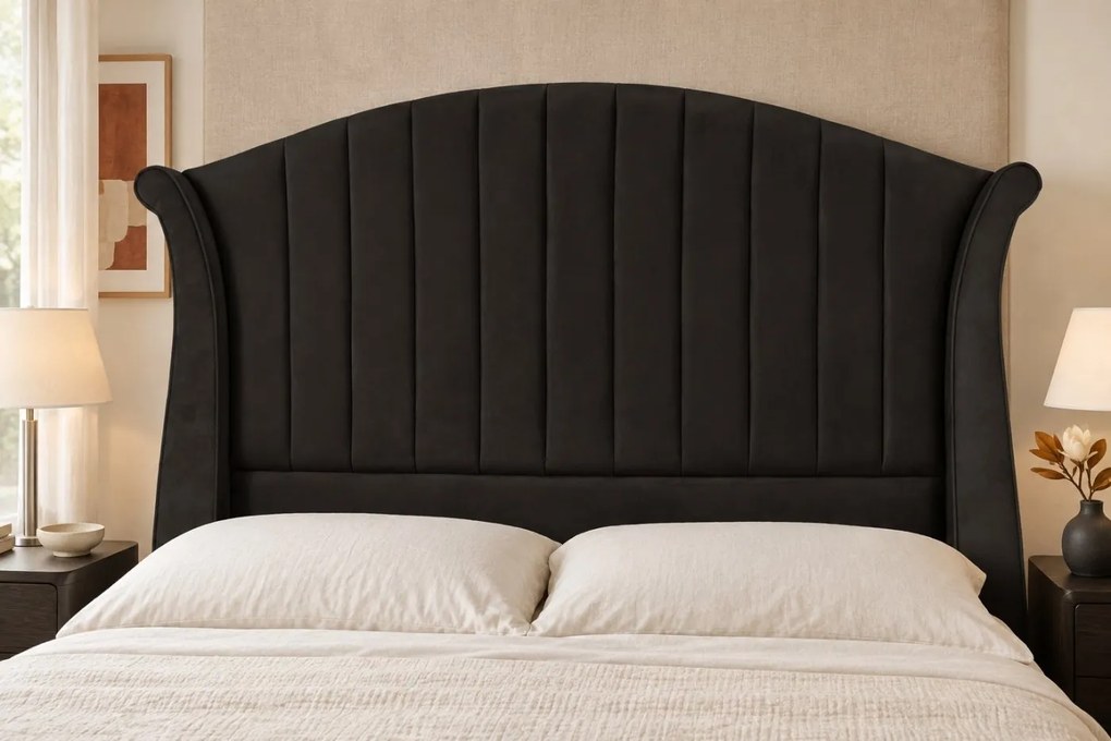 Pat tapițat din catifea Sorella Simple Line 160×200 cm, negru, cu ladă de depozitare