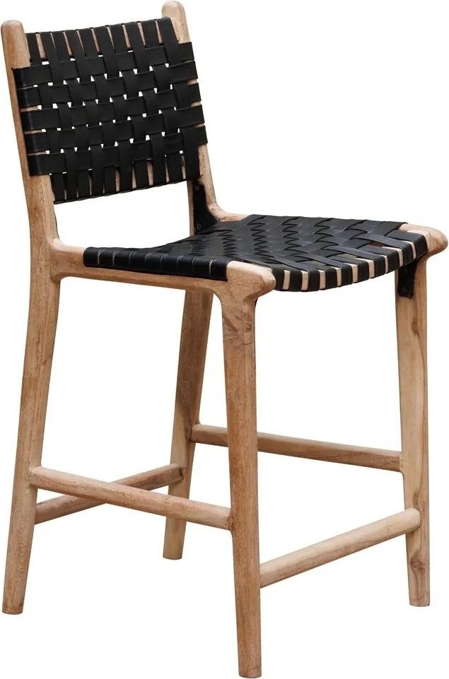 Scaun de bar împletit pentru insulă din piele naturală și lemn de acacia, negru, cu spătar și suport pentru picioare, 97 x 50 x 53 cm, „Mixing”
