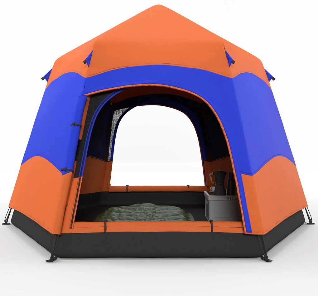 Outsunny Cort instantaneu cu două straturi și acoperiș, cort de familie pentru 4 persoane în aer liber rezistent la apă în formă de hexagon cu planșă de podea 2 uși plasă împotriva țânțarilor geantă portabilă portocaliu | Aosom Romania